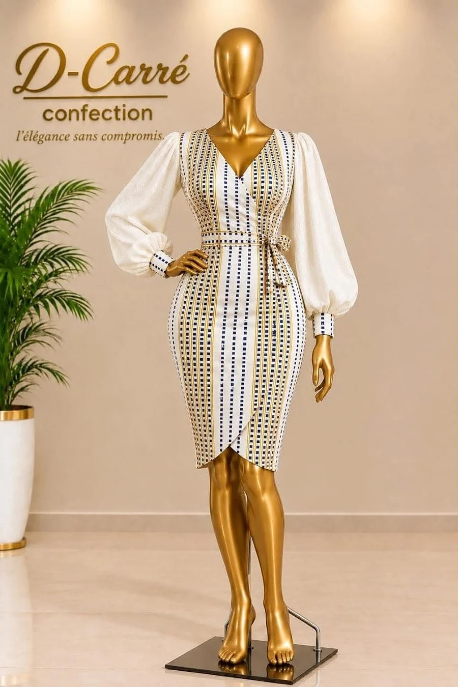 Robe fourreau crème à pois, manches bouffantes, présentée dans l'atelier D-Carré